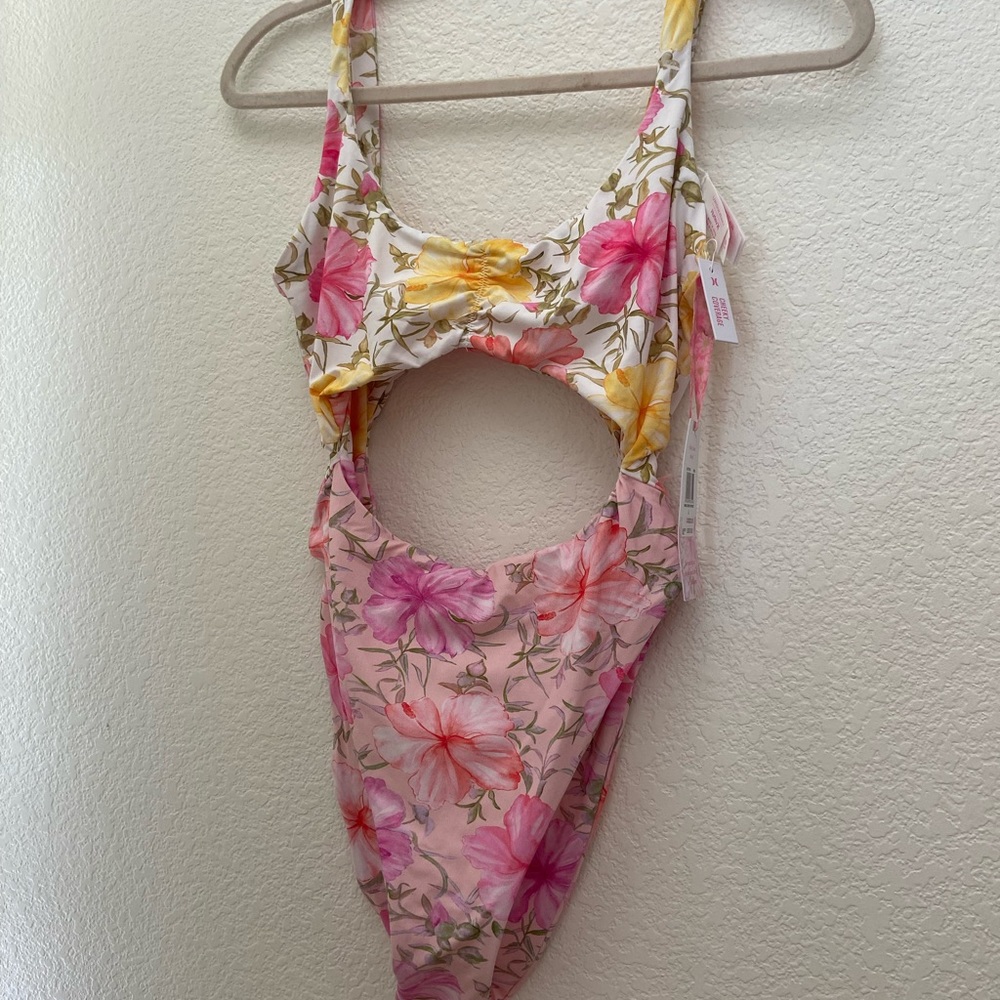 LoveShackFancy Floral Cutout Swimsuit - Pink and White